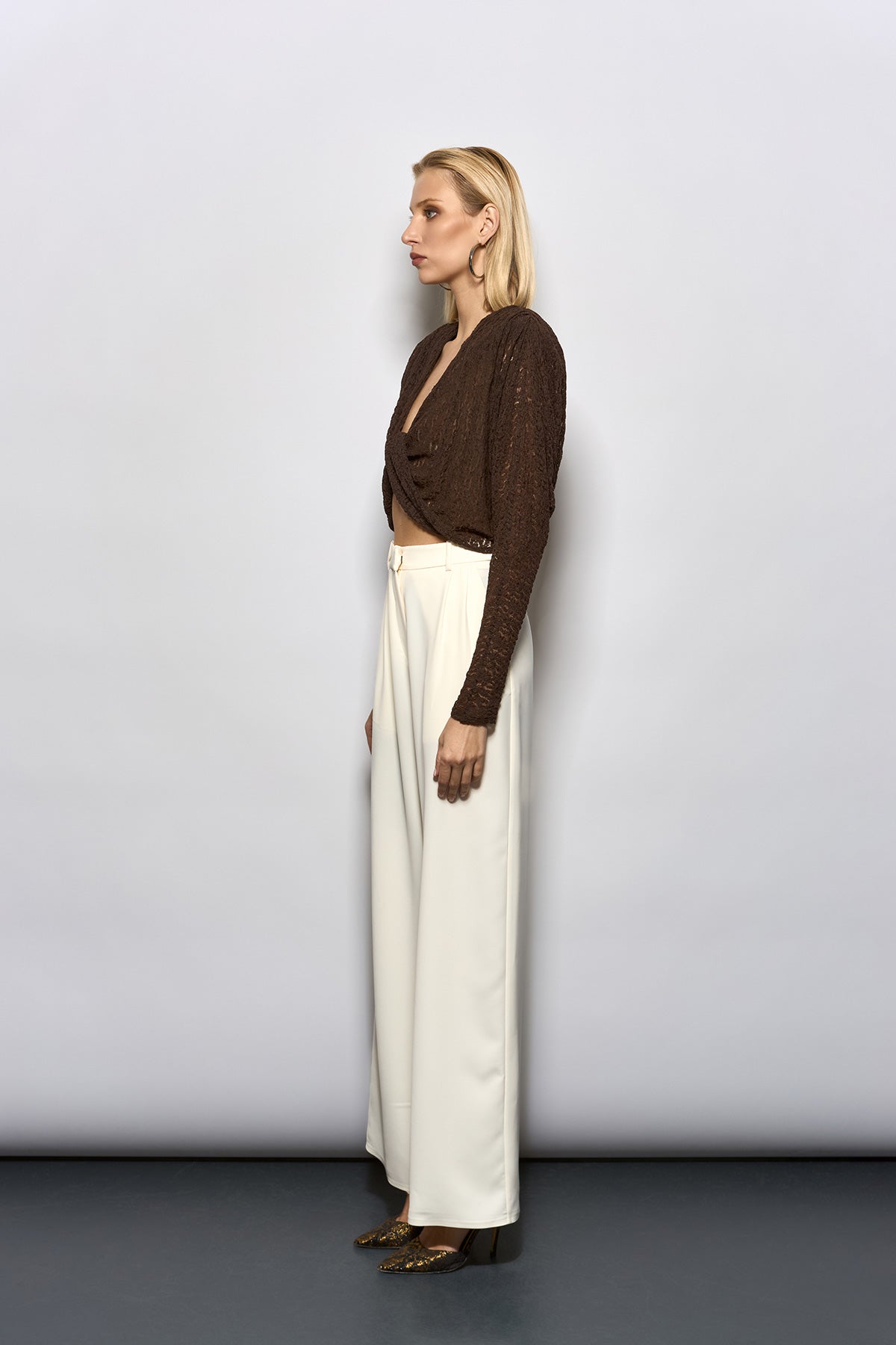 PİLE DETAYLI ECRU PALAZZO PANTOLON