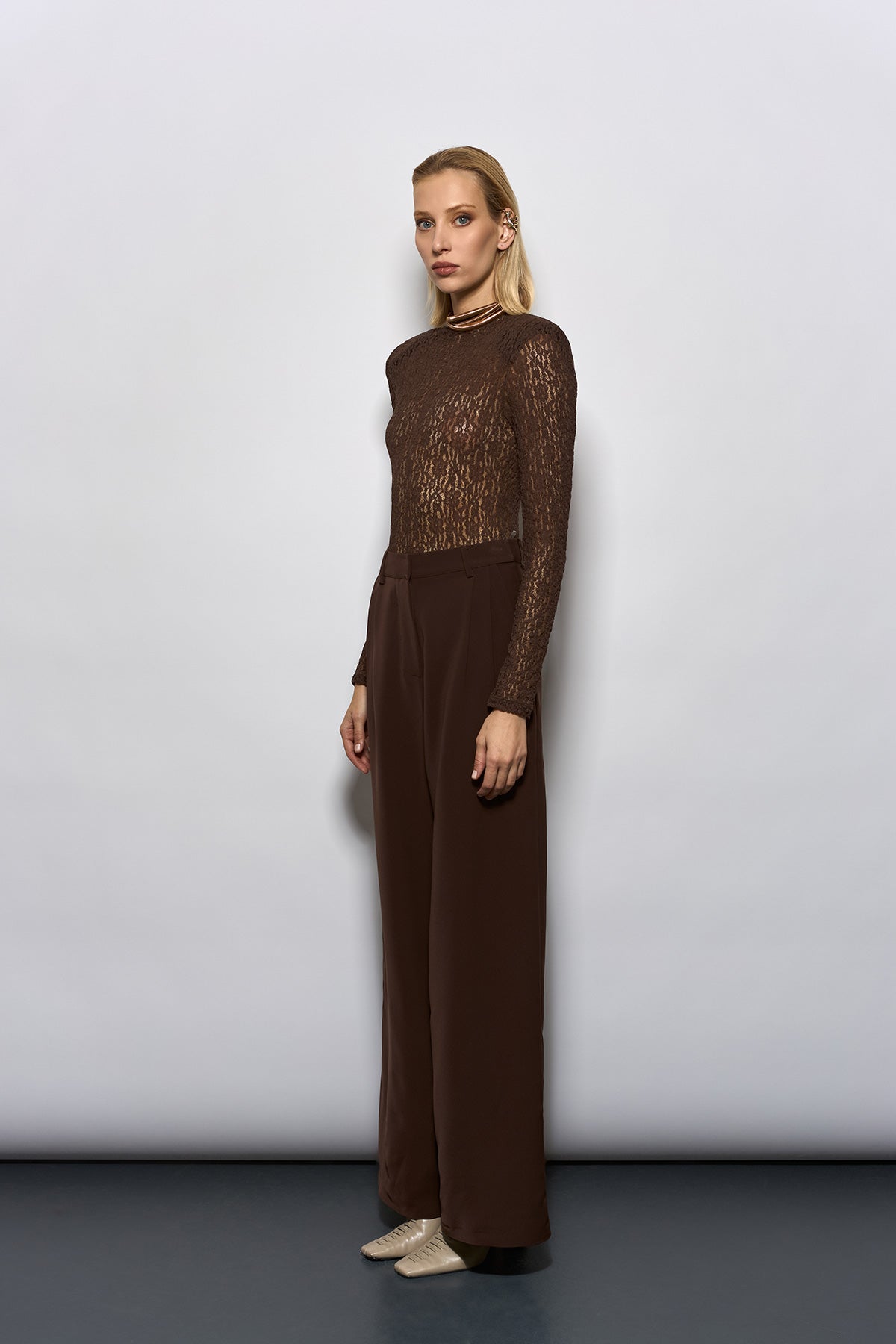 PİLE DETAYLI KAHVERENGİ PALAZZO PANTOLON
