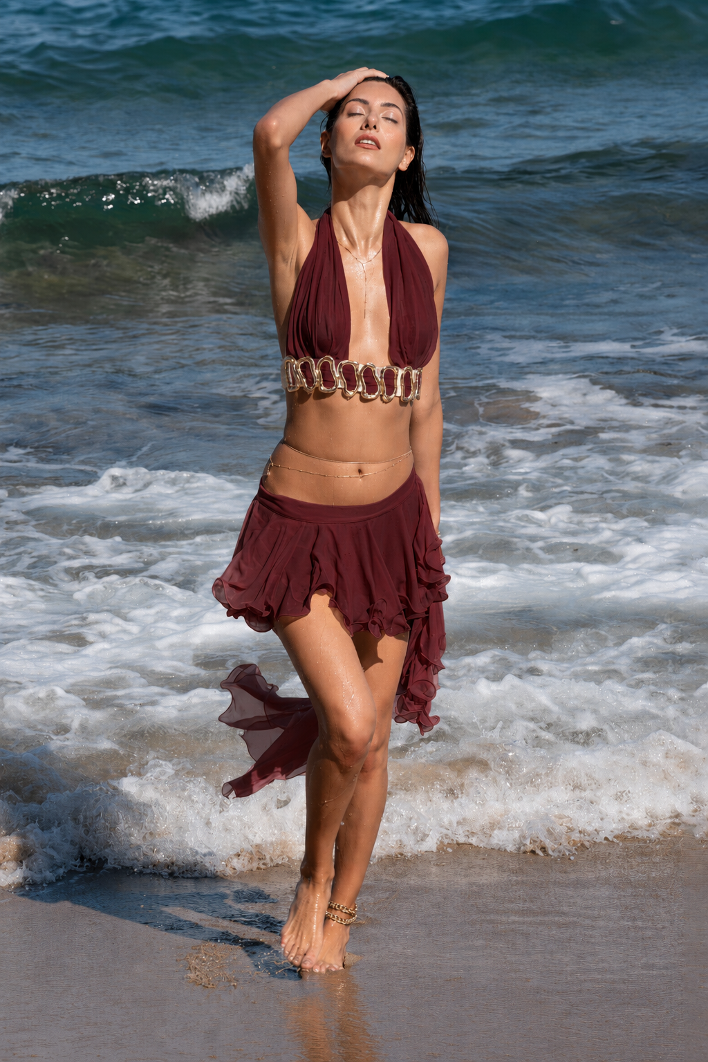 MARYLN BURGUNDY TOP & SKIRT SET